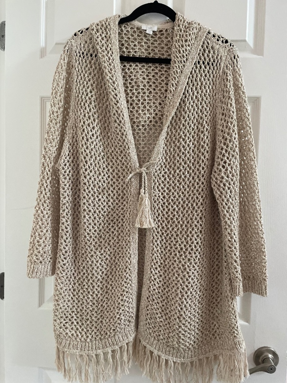 J Jill Long Crochet Cardigan with hood and fringed hem. Size XL